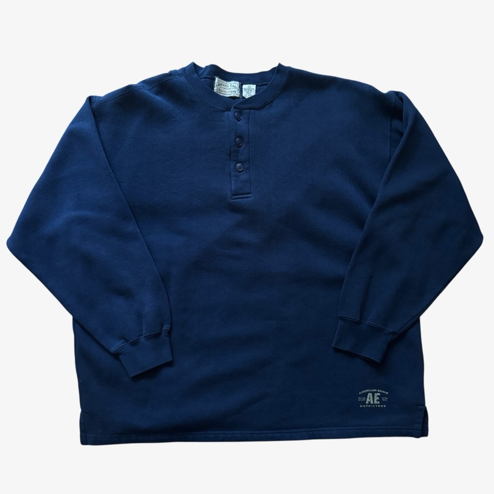 American Eagle Men’s Vintage Y2K Henley Crew Neck Sweatshirt, Navy, Large